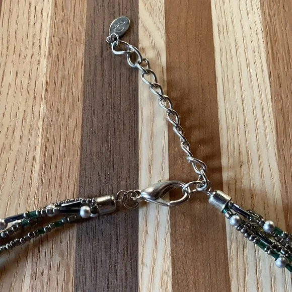 Handcrafted Beaded Necklace Teal Black Silver Glass Pendant - Picture 4 of 6